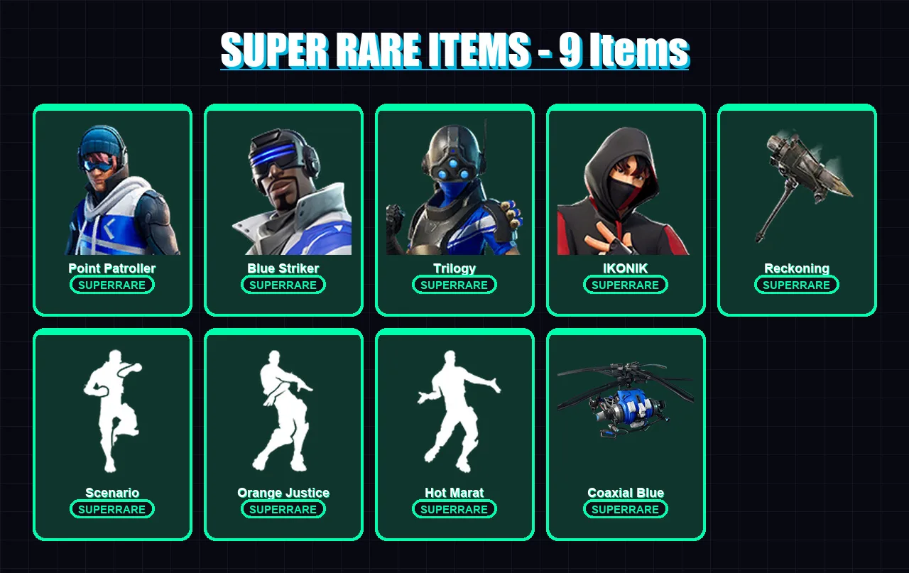 [PS4/PS5/XBOX/PC] | Point Patroller | Blue Striker | Trilogy | IKONIK | Hybrid | 61 skin | 44 pickaxe | 59 emote | 54 glider | Lv731