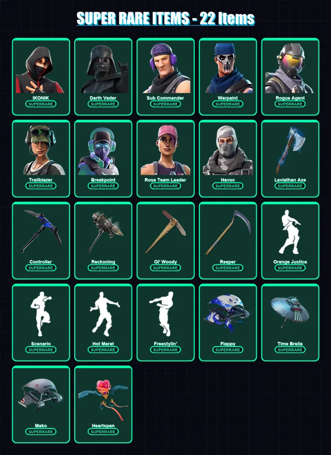 [PS4/PS5/XBOX/PC] | IKONIK | Darth Vader | Sub Commander | Warpaint | Rogue Agent | 228 skin | 225 pickaxe | 180 emote | 191 glider | Lv3285