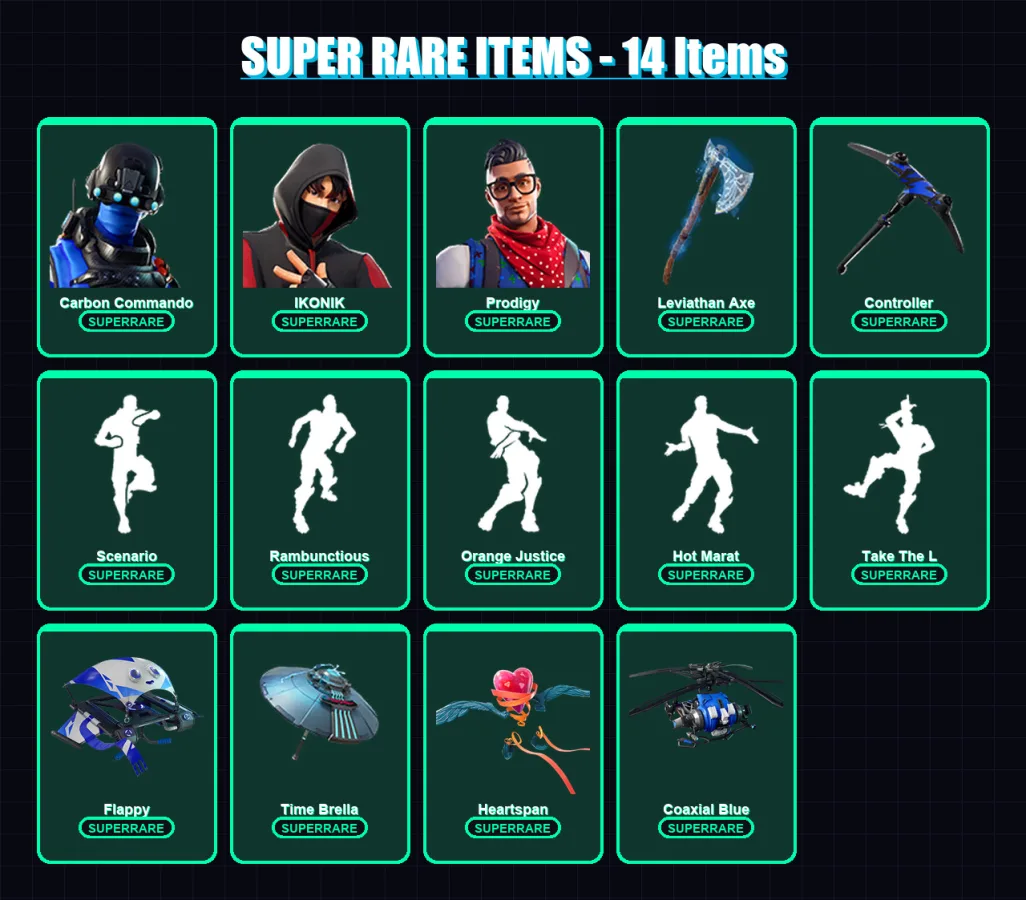 [PC] | Carbon Commando | IKONIK | Prodigy | Frozen Red Knight | Blackheart | 55 skin | 63 pickaxe | 69 emote | 52 glider | Lv923