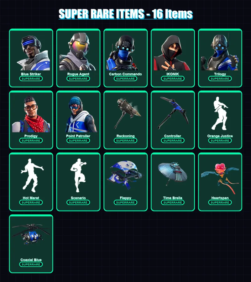 [PS4/PS5/XBOX/PC] | Blue Striker | Rogue Agent | Carbon Commando | IKONIK | Trilogy | 60 skin | 53 pickaxe | 72 emote | 71 glider | Lv1041