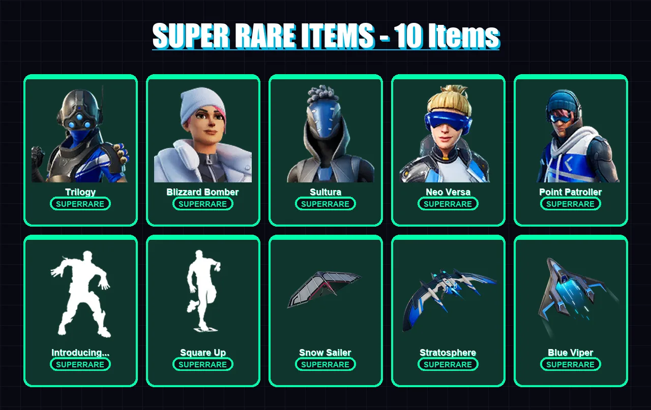 [PS4/PS5/XBOX/PC] | Trilogy | Blizzard Bomber | Sultura | Neo Versa | Point Patroller | 51 skin | 56 pickaxe | 59 emote | 55 glider | Lv683