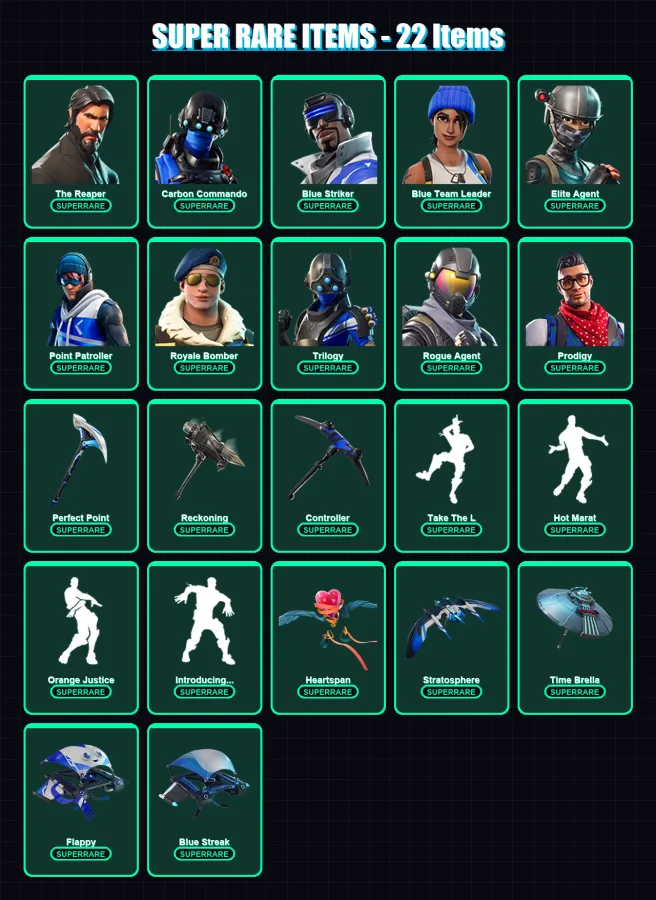 [PC/XBOX/PSN] | The Reaper | Carbon Commando | Blue Striker | Blue Team Leader | Elite Agent | 76 skin | 86 pickaxe | 103 emote | 98 glider | Lv1500