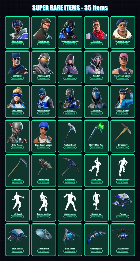 [PS4/PS5/XBOX/PC] | Blue Striker | The Reaper | Carbon Commando | Prodigy | Royale Bomber | 179 skin | 155 pickaxe | 178 emote | 145 glider | Lv1794 — Fortnite account