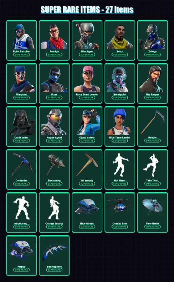 [PC/XBOX] | Point Patroller | Prodigy | Elite Agent | Scout | Trilogy | 239 skin | 228 pickaxe | 183 emote | 188 glider | Lv2611