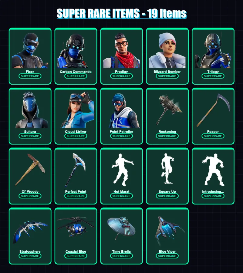 [SWITCH/PC] | Fixer | Carbon Commando | Prodigy | Blizzard Bomber | Trilogy | 215 skin | 199 pickaxe | 142 emote | 138 glider | Lv1887