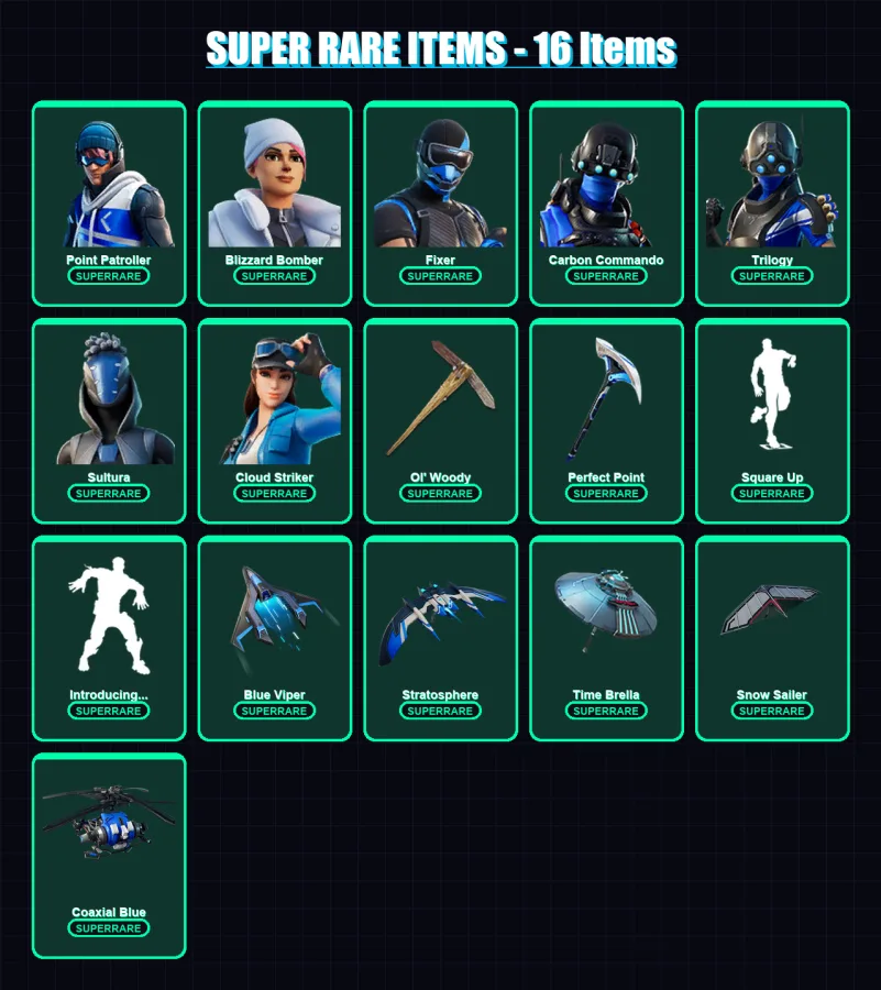 [PC/XBOX/PSN] | Point Patroller | Blizzard Bomber | Fixer | Carbon Commando | Trilogy | 115 skin | 119 pickaxe | 103 emote | 100 glider | Lv1251