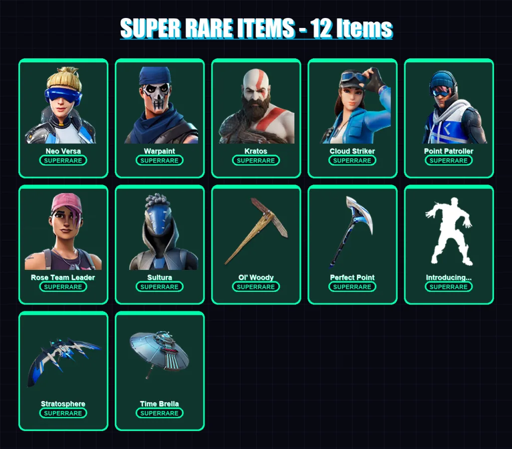 [PS4/PS5/PC] | Neo Versa | Warpaint | Kratos | Cloud Striker | Point Patroller | 68 skin | 106 pickaxe | 103 emote | 83 glider | Lv1282
