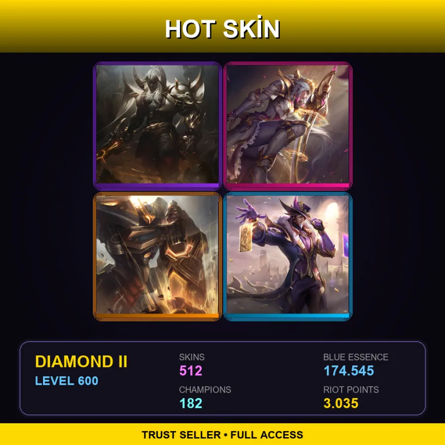 LAS | Prestige Blood Moon Aatrox | Prestige Battle Queen Diana | Prestige Mecha Kingdoms Garen | 512 Skin | 182 Champ | Diamond II | Lv600