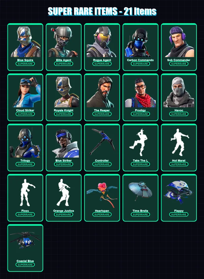 [PS4/PS5/XBOX/PC] | Blue Squire | Elite Agent | Rogue Agent | Carbon Commando | Sub Commander | 57 skin | 129 pickaxe | 96 emote | 103 glider | Lv21