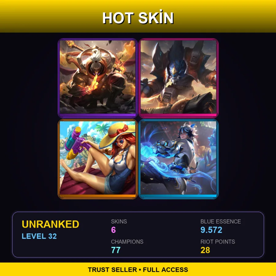 VN | Lv32 | Unranked | 6 Skin | 77 Champ — LoL account