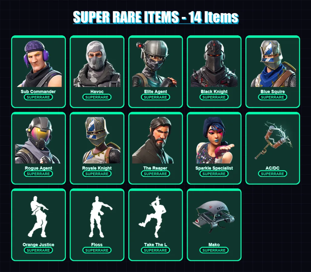 [PC/XBOX/PSN] | Sub Commander | Havoc | Elite Agent | Black Knight | Blue Squire | 44 skin | 30 pickaxe | 39 emote | 35 glider | Lv502