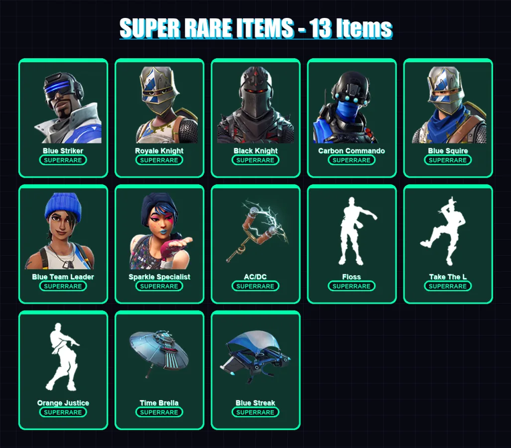 [PS4/PS5/XBOX/PC] | Blue Striker | Royale Knight | Black Knight | Carbon Commando | Blue Squire | 28 skin | 31 pickaxe | 42 emote | 46 glider | Lv81