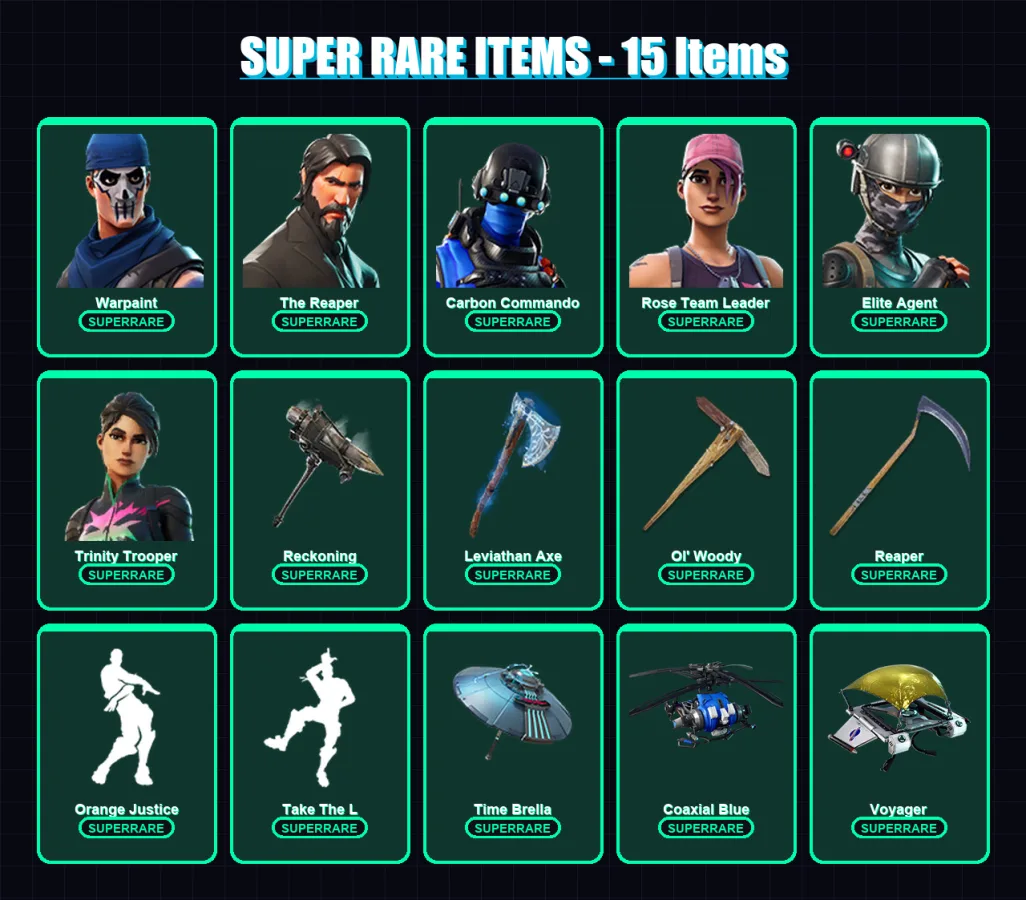 [PC/XBOX] | Warpaint | The Reaper | Carbon Commando | Rose Team Leader | Elite Agent | 99 skin | 132 pickaxe | 89 emote | 109 glider | Lv2150