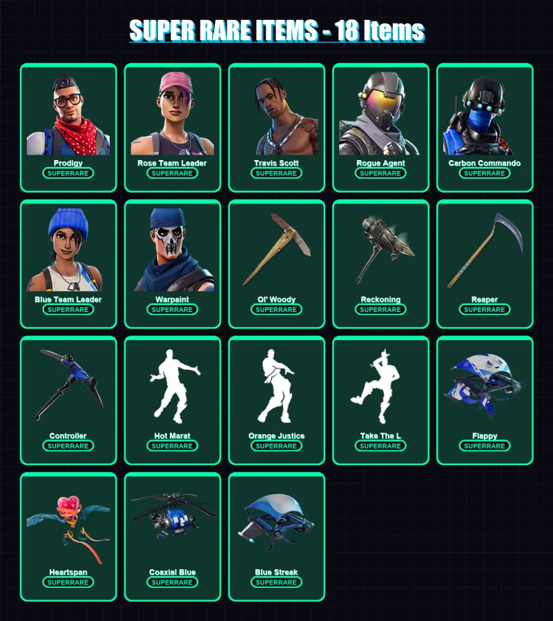 [PC/XBOX/PSN] | Prodigy | Rose Team Leader | Travis Scott | Rogue Agent | Carbon Commando | 189 skin | 174 pickaxe | 179 emote | 137 glider | Lv1780