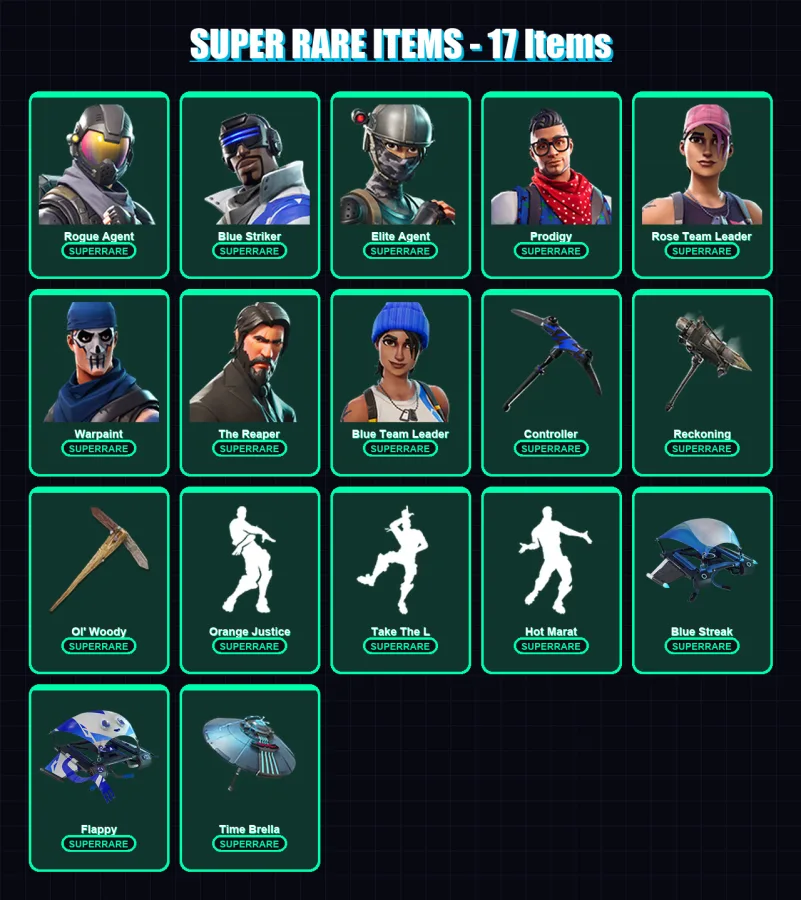 [PS4/PS5/XBOX/PC] | Rogue Agent | Blue Striker | Elite Agent | Prodigy | Rose Team Leader | 41 skin | 39 pickaxe | 46 emote | 49 glider | Lv583