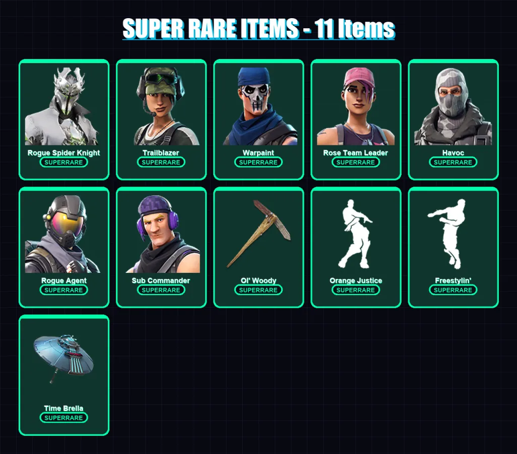 [PC/XBOX/PSN] | Rogue Spider Knight | Trailblazer | Warpaint | Rose Team Leader | Havoc | 12 skin | 11 pickaxe | 14 emote | 10 glider | Lv105
