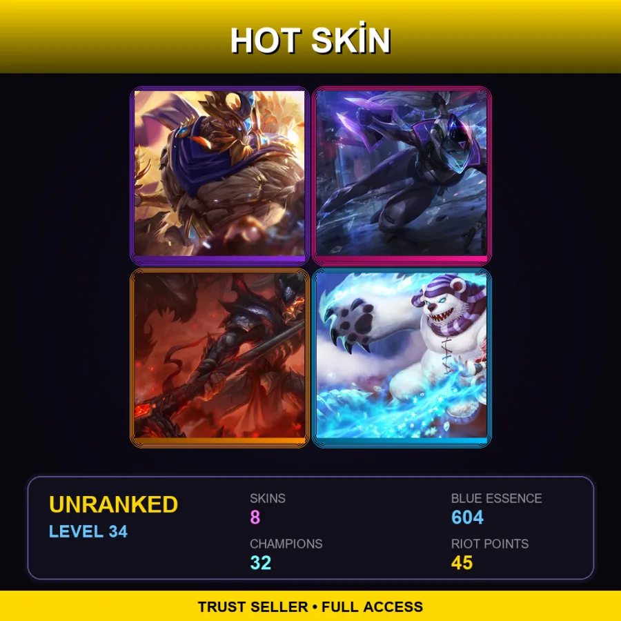 LAS | Lv34 | Unranked | 8 Skin | 32 Champ — LoL account