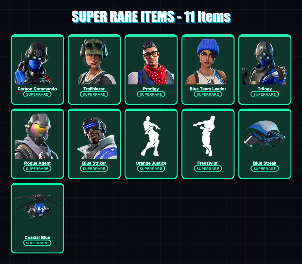 [PC/XBOX/PSN] | Carbon Commando | Trailblazer | Prodigy | Blue Team Leader | Trilogy | 34 skin | 17 pickaxe | 31 emote | 23 glider | Lv269