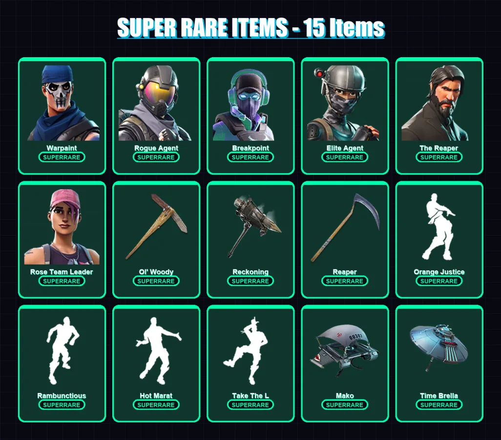 [PC] | Warpaint | Rogue Agent | Breakpoint | Elite Agent | The Reaper | 106 skin | 75 pickaxe | 92 emote | 77 glider | Lv916