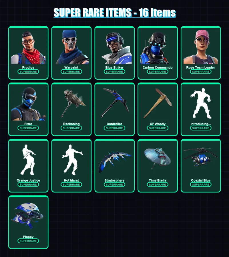[PC/XBOX/PSN] | Prodigy | Warpaint | Blue Striker | Carbon Commando | Rose Team Leader | 74 skin | 74 pickaxe | 90 emote | 59 glider | Lv752