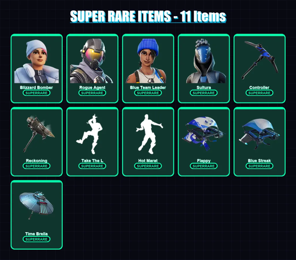 [PS4/PS5/XBOX/PC] | Blizzard Bomber | Rogue Agent | Blue Team Leader | Sultura | Blackheart | 34 skin | 49 pickaxe | 51 emote | 58 glider | Lv845