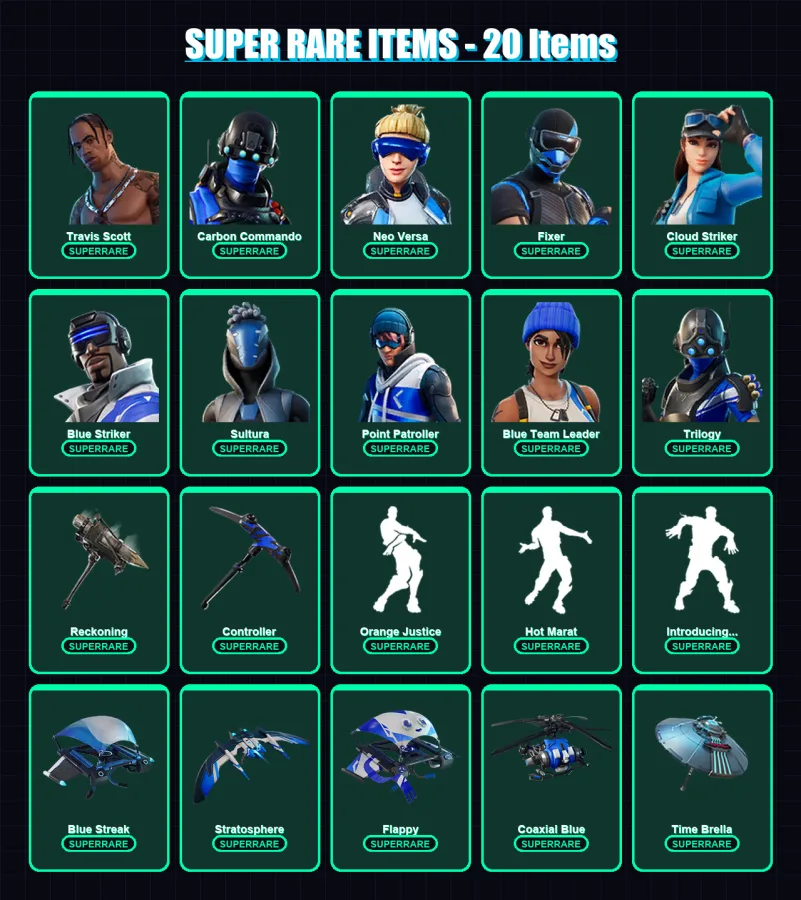 [PS4/PS5/XBOX/PC] | Travis Scott | Carbon Commando | Neo Versa | Fixer | Cloud Striker | 58 skin | 71 pickaxe | 76 emote | 82 glider | Lv1192