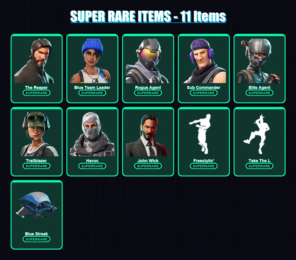 [PC] | The Reaper | Blue Team Leader | Rogue Agent | Sub Commander | Elite Agent | 55 skin | 36 pickaxe | 26 emote | 28 glider | Lv340