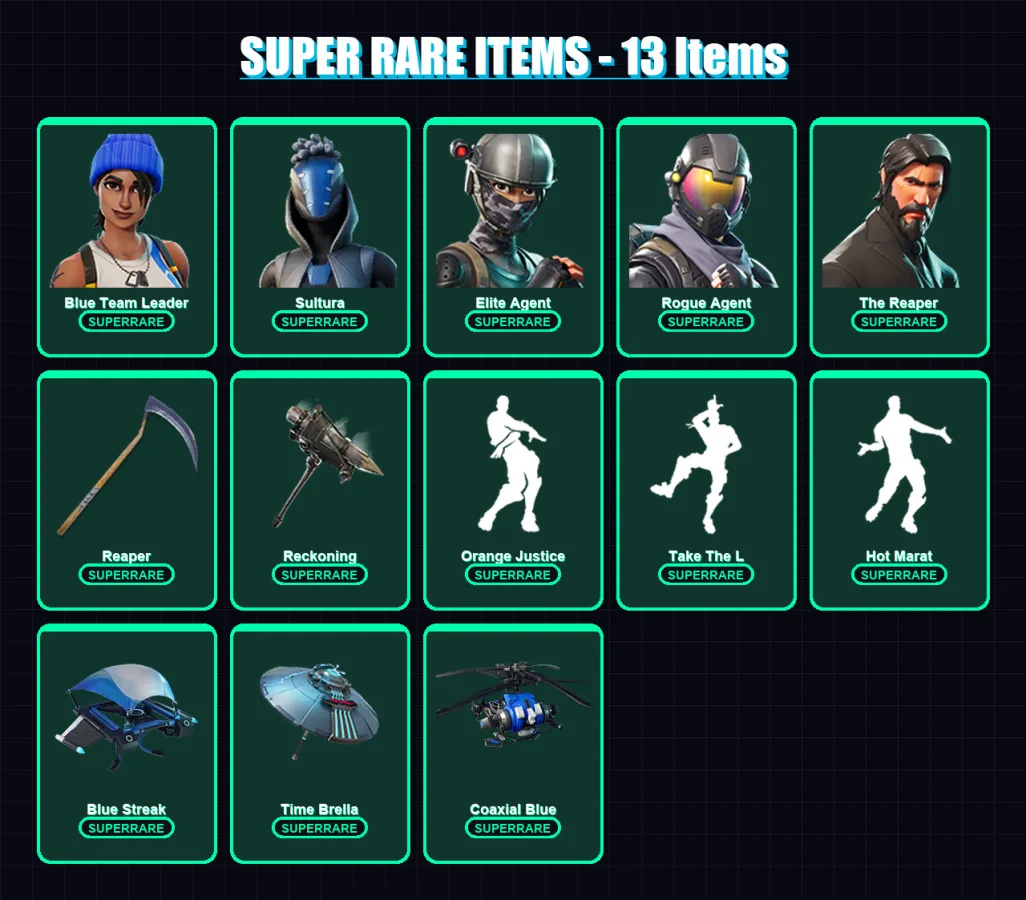 [PC/XBOX] | Blue Team Leader | Sultura | Elite Agent | Rogue Agent | The Reaper | 51 skin | 55 pickaxe | 63 emote | 64 glider | Lv1325