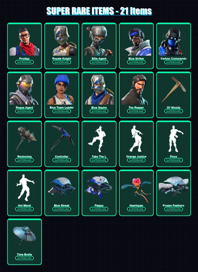 [PC/XBOX] | Prodigy | Royale Knight | Elite Agent | Blue Striker | Carbon Commando | 95 skin | 75 pickaxe | 104 emote | 93 glider | Lv1319