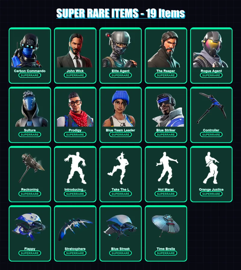 [PS4/PS5/XBOX/PC] | Carbon Commando | John Wick | Elite Agent | The Reaper | Rogue Agent | 92 skin | 74 pickaxe | 72 emote | 69 glider | Lv944
