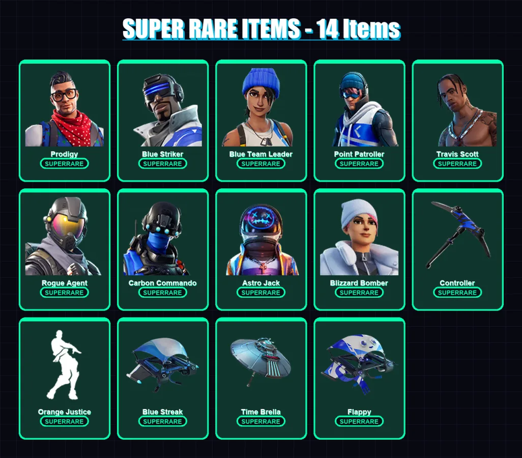 [PC] | Prodigy | Blue Striker | Blue Team Leader | Point Patroller | Travis Scott | 153 skin | 146 pickaxe | 101 emote | 112 glider | Lv1288