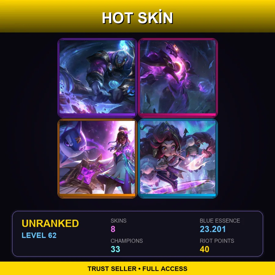 EUW | Lv62 | Unranked | 8 Skin | 33 Champ — LoL account