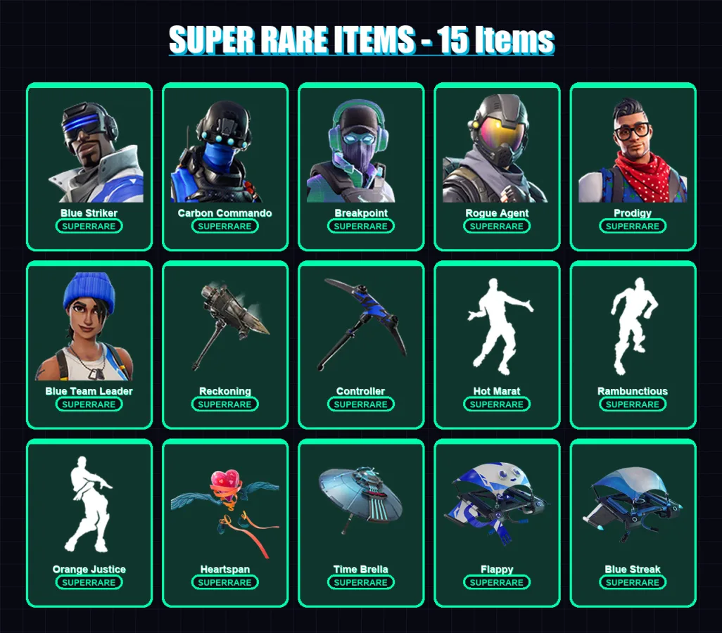 [PS4/PS5/XBOX/PC] | Blue Striker | Carbon Commando | Breakpoint | Rogue Agent | Prodigy | 126 skin | 147 pickaxe | 138 emote | 155 glider | Lv2100