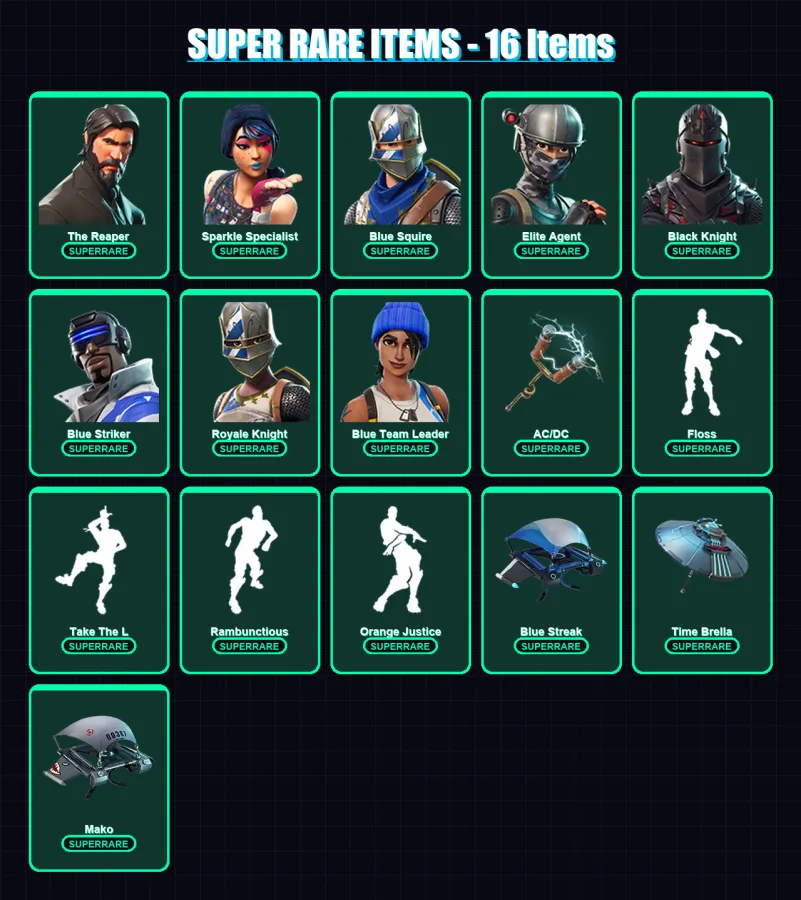 [PS4/PS5/XBOX/PC] | The Reaper | Sparkle Specialist | Blue Squire | Elite Agent | Black Knight | 25 skin | 23 pickaxe | 35 emote | 35 glider | Lv593 — Fortnite account