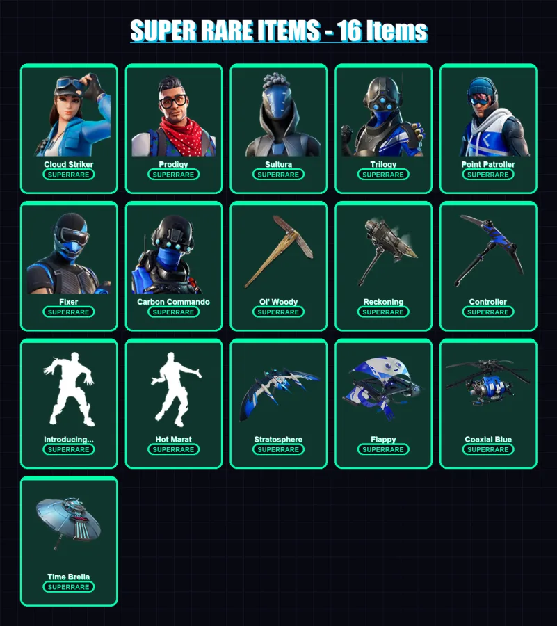 [PC] | Cloud Striker | Prodigy | Sultura | Trilogy | Point Patroller | 107 skin | 149 pickaxe | 108 emote | 139 glider | Lv2174