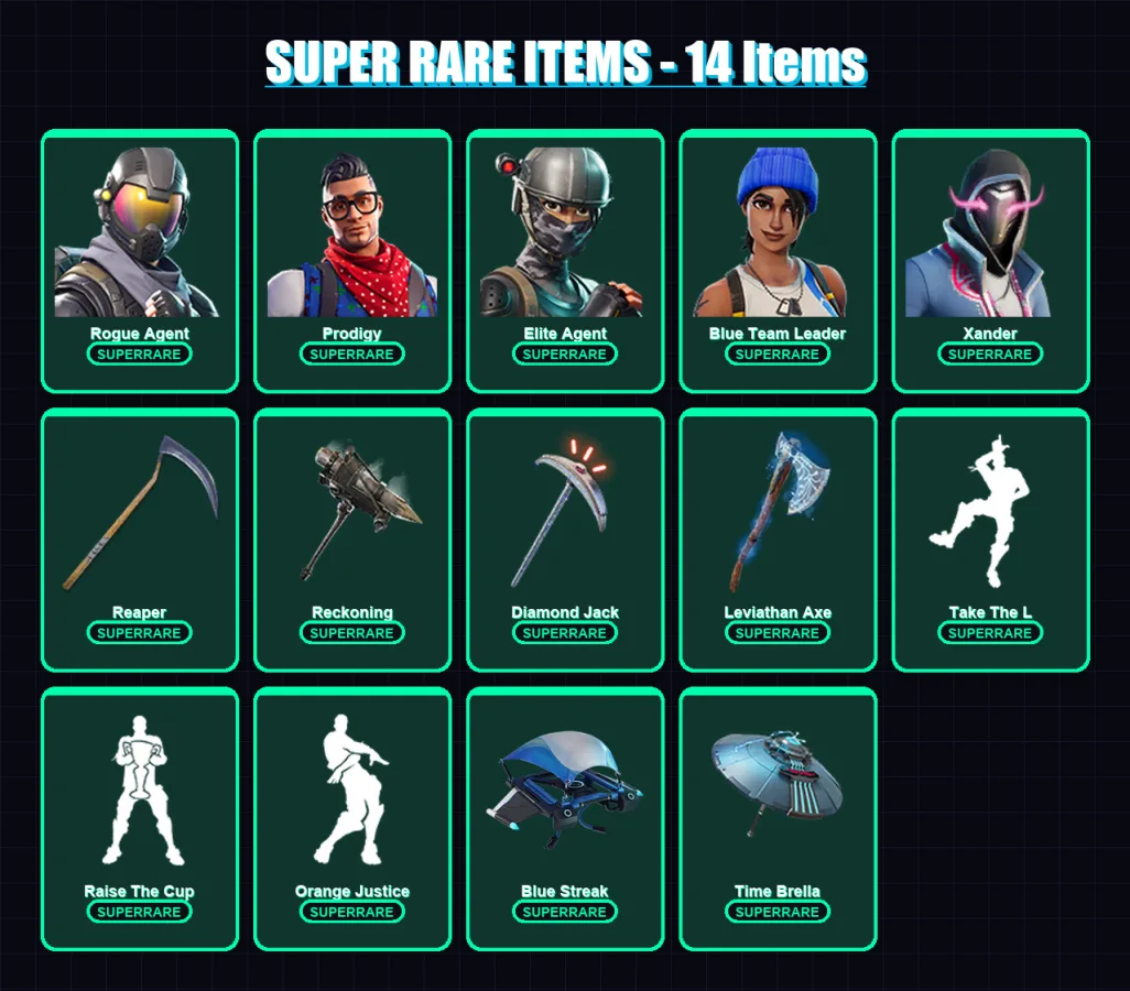 [PS4/PS5/XBOX/PC] | Rogue Agent | Prodigy | Elite Agent | Blue Team Leader | Xander | 218 skin | 175 pickaxe | 172 emote | 153 glider | Lv2441