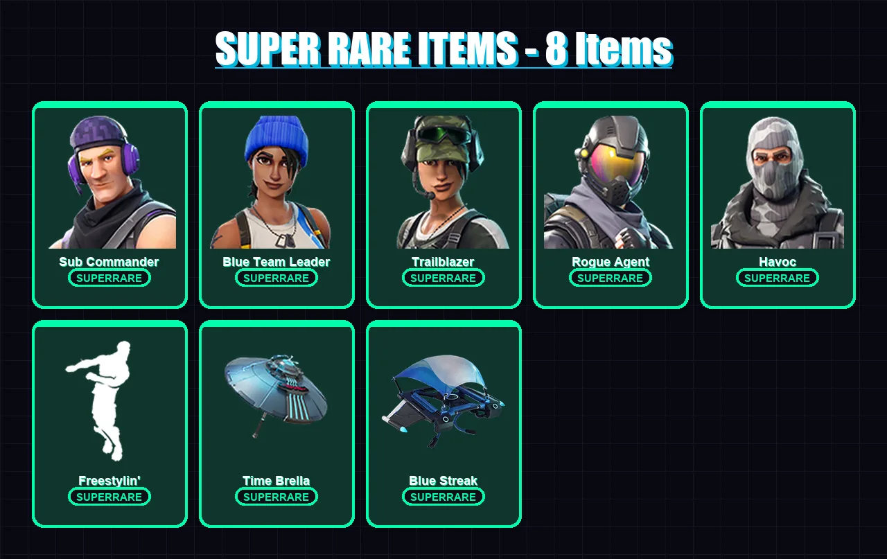 [PC/XBOX] | Sub Commander | Blue Team Leader | Trailblazer | Rogue Agent | Havoc | 46 skin | 50 pickaxe | 38 emote | 47 glider | Lv570