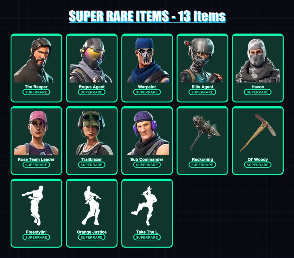 [PC/XBOX/PSN] | The Reaper | Rogue Agent | Warpaint | Elite Agent | Havoc | 54 skin | 45 pickaxe | 43 emote | 36 glider | Lv430