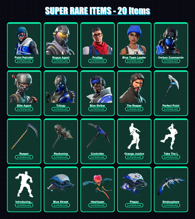 [PC/XBOX] | Point Patroller | Rogue Agent | Prodigy | Blue Team Leader | Carbon Commando | 47 skin | 43 pickaxe | 45 emote | 47 glider | Lv685