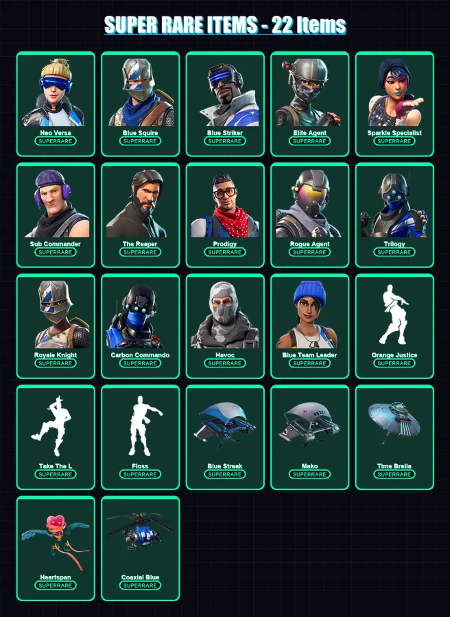 [PS4/PS5/XBOX/PC] | Neo Versa | Blue Squire | Blue Striker | Elite Agent | Sparkle Specialist | 82 skin | 77 pickaxe | 89 emote | 85 glider | Lv1164