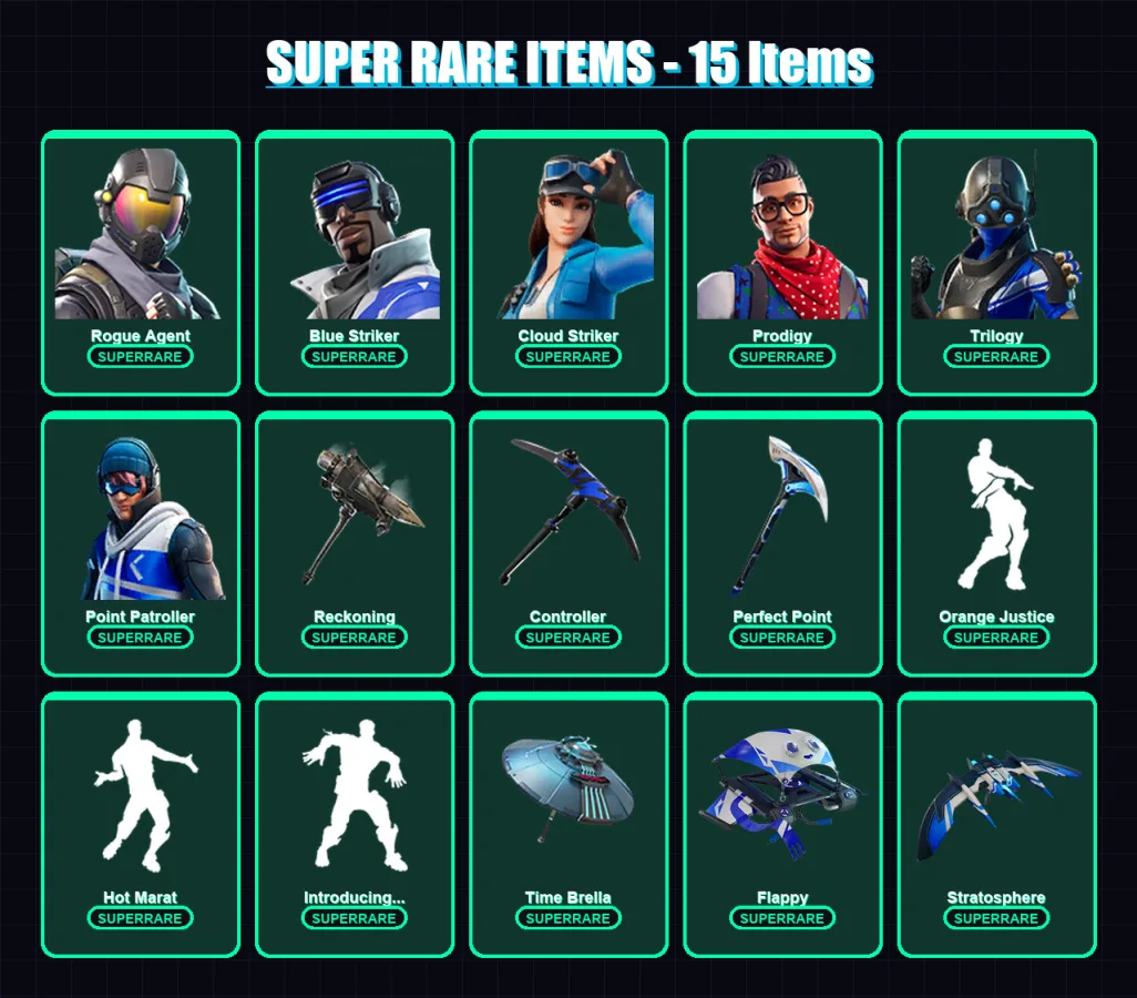 [PC/XBOX/PSN] | Rogue Agent | Blue Striker | Cloud Striker | Prodigy | Trilogy | 116 skin | 131 pickaxe | 120 emote | 109 glider | Lv1776