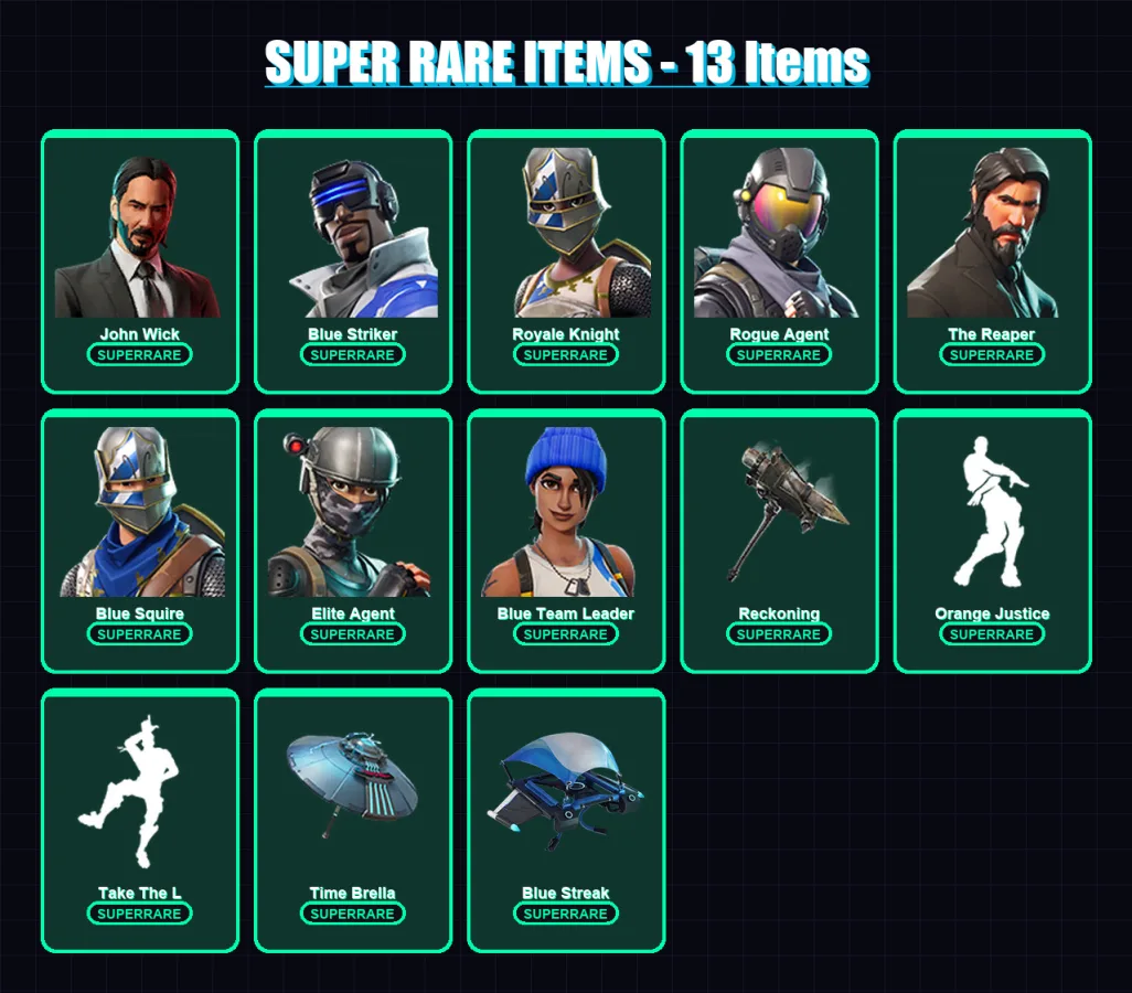 [PC/XBOX] | John Wick | Blue Striker | Royale Knight | Rogue Agent | The Reaper | 81 skin | 102 pickaxe | 92 emote | 104 glider | Lv1417