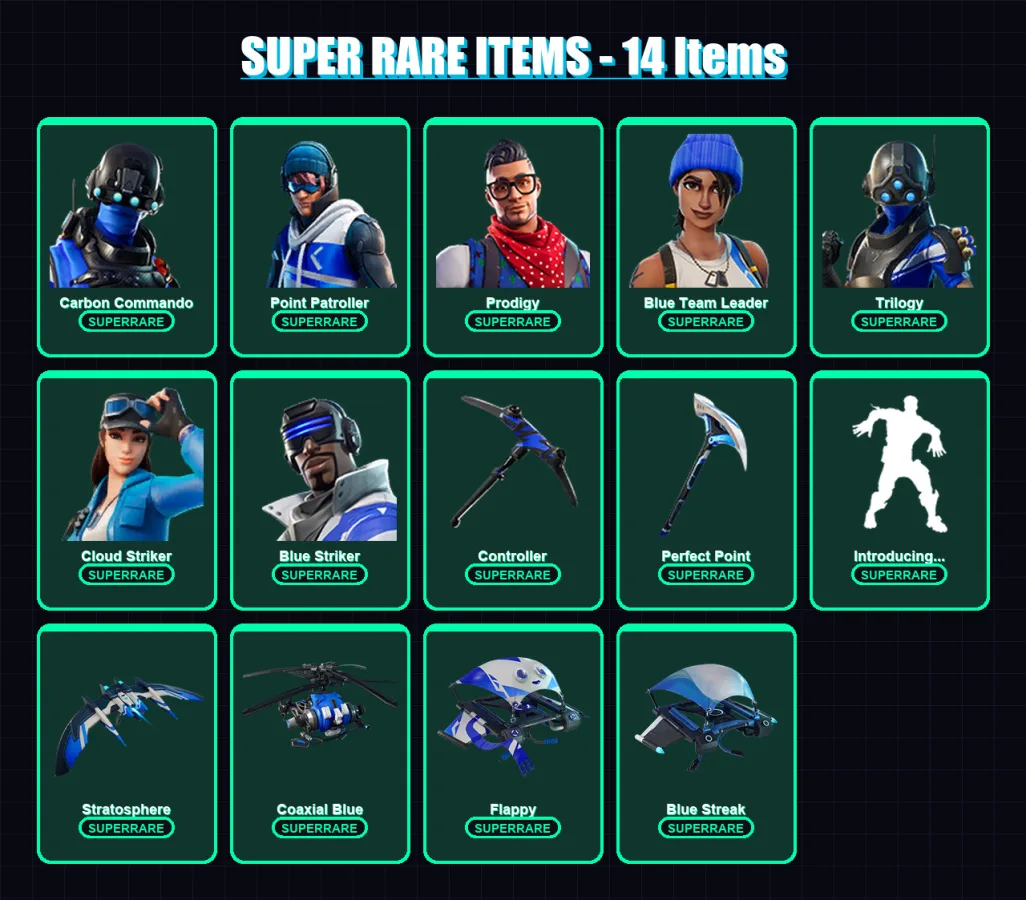 [PS4/PS5/XBOX/PC] | Carbon Commando | Point Patroller | Prodigy | Blue Team Leader | Trilogy | 7 skin | 10 pickaxe | 13 emote | 15 glider | Lv186