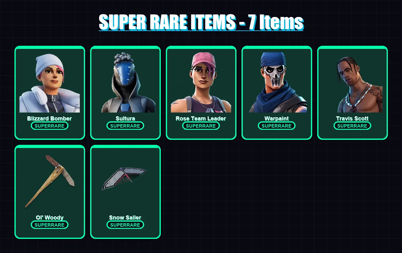 [PS4/PS5/XBOX/PC] | Blizzard Bomber | Sultura | Rose Team Leader | Warpaint | Travis Scott | 86 skin | 100 pickaxe | 64 emote | 83 glider | Lv1180
