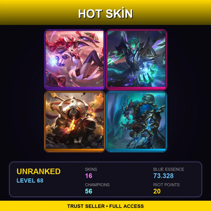 EUW | Star Guardian Jinx | Dragonmancer Kassadin | God Staff Jax | Winterblessed Warwick | 16 Skin | 56 Champ | Lv68