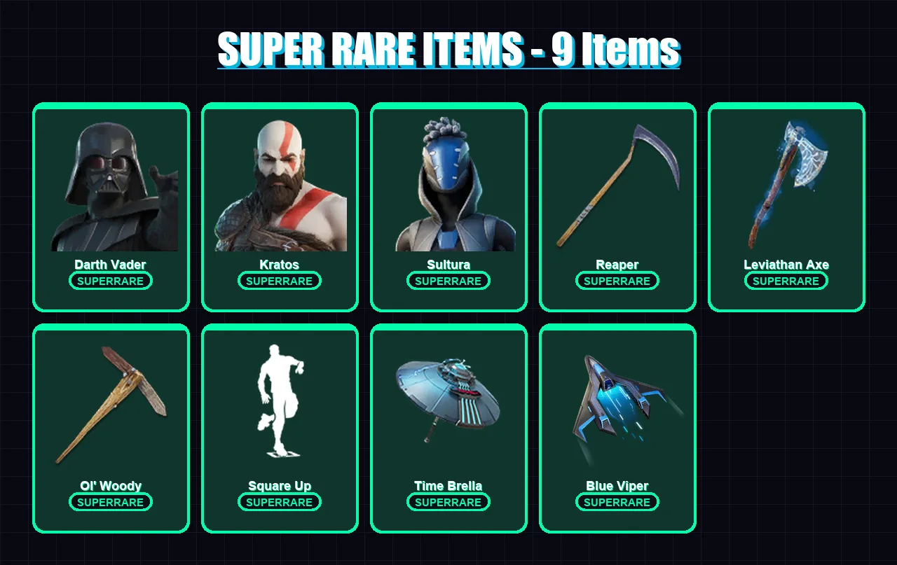 [PC] | Darth Vader | Kratos | Sultura | Ronin | Twyn | 263 skin | 284 pickaxe | 205 emote | 188 glider | Lv4069