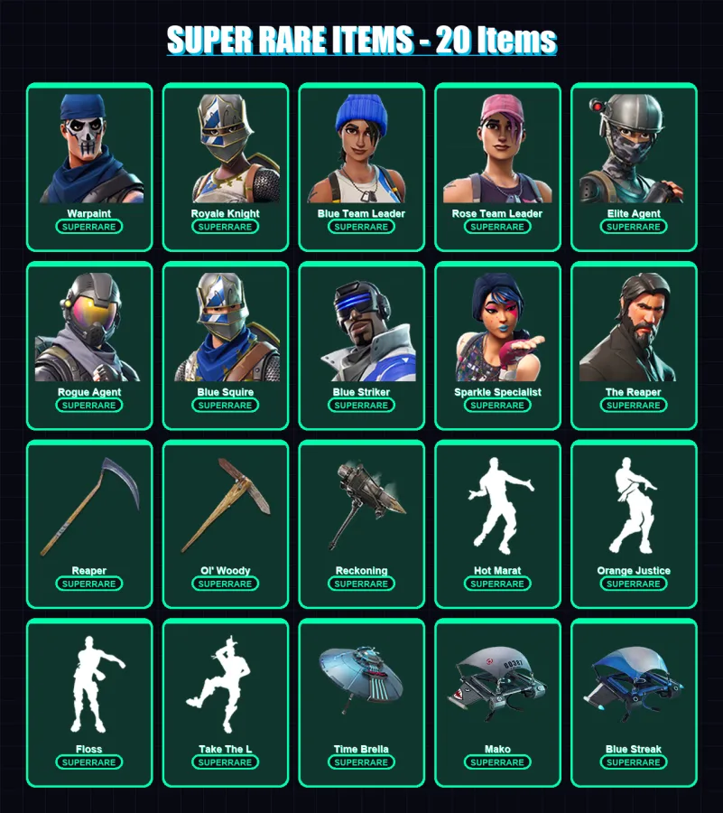 [PC] | Warpaint | Royale Knight | Blue Team Leader | Rose Team Leader | Elite Agent | 63 skin | 83 pickaxe | 88 emote | 98 glider | Lv1604