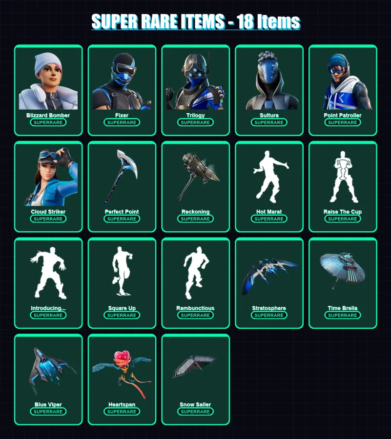 [PC/XBOX] | Blizzard Bomber | Fixer | Trilogy | Sultura | Point Patroller | 98 skin | 103 pickaxe | 119 emote | 113 glider | Lv1985
