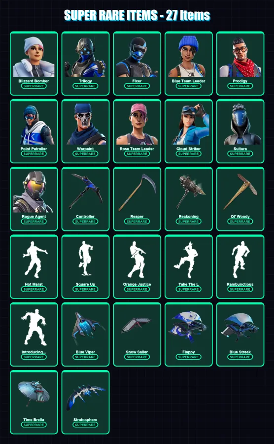 [PS4/PS5/XBOX/PC] | Blizzard Bomber | Trilogy | Fixer | Blue Team Leader | Prodigy | 95 skin | 90 pickaxe | 95 emote | 98 glider | Lv1076