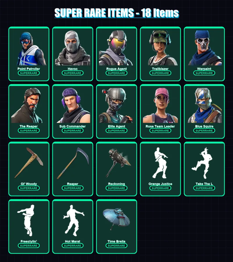 [PC] | Point Patroller | Havoc | Rogue Agent | Trailblazer | Warpaint | 89 skin | 85 pickaxe | 91 emote | 92 glider | Lv1184